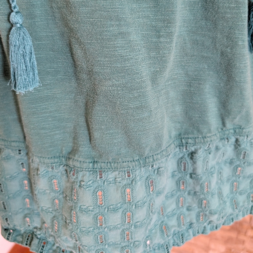 Boho Eyelet Turquoise Tassel Sleeveless Blouse Cotton Modal Festival Vacation M image 3